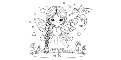 Enchanted Fairy and Dragon Monochrome Illustration