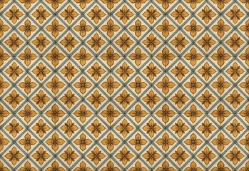 Geometric Floral Tile Pattern With Diamond Grid in Warm Brown and Blue Tones for Vintage Decor and Wallpaper
