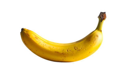 A single ripe banana, yellow in color, with a brown stem, isolated on white background.