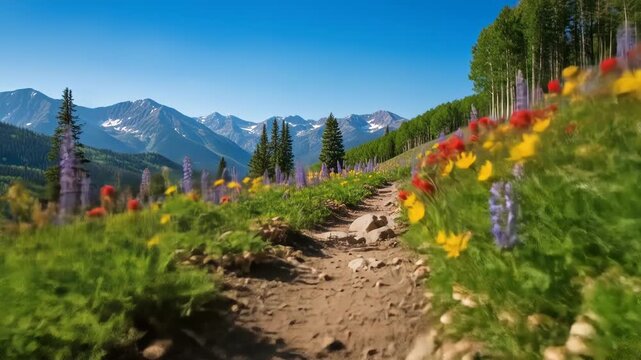 A dirt path winds through a vibrant, wildflower-filled meadow toward distant, snow-capped mountains under a cloudless blue sky