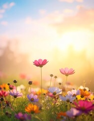 Obraz premium Beautiful pink cosmos and daisy flowers blossom in the summer garden