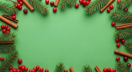 A festive Christmas border made of pine branches, red berries, and cinnamon sticks on a plain green background.
