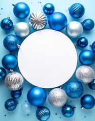 Bright blue glass Christmas balls and a few colorful sphere ornaments rest on a clean white background, perfect for a holiday border or winter celebration design