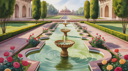 Mughal miniature nature art — lotus pond and marble pavilion
