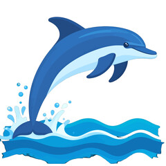 Leaping Dolphin Illustration Against White Backdrop and Ocean Waves in Cartoon Style for Children and Education Purpose and Dark Blue Fins and Tail