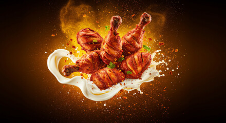 Grilled Red Chicken Drumsticks Splash with Creamy Swirl Motion