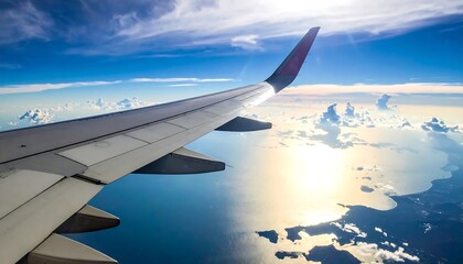 Fototapeta premium Aerial view from an airplane window, wing, sea, clouds, and bright sun