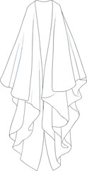 Elegant women draped long cardigan with flowy layered hem and open front, modern outerwear fashion CAD drawing flat vector illustration