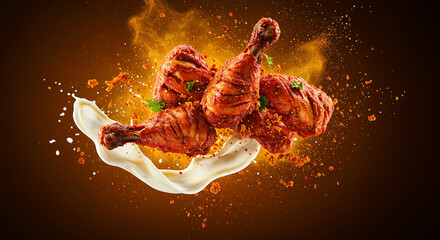 Grilled Red Chicken Drumsticks Splash with Creamy Swirl Motion