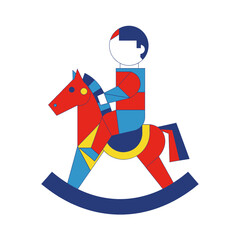 Geometric Toy Horse with Child Icon on White Background in Cartoon Style