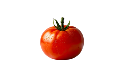 A close-up shot of a ripe, red tomato with green stem and leaves, isolated on white.