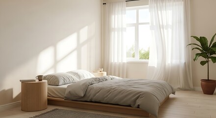 Fototapeta premium Minimalist bedroom bathed in sunlight