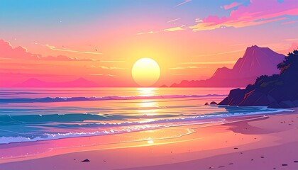 Animated seascape with sun, waves, and mountains under a vibrant sky