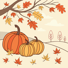 Vector art of autumn harvest pumpkins and colorful fall leaves on a gentle hill with trees