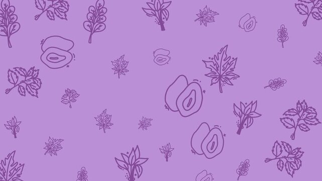 Leaves, flowers, and avocado on a purple background. Vibrant food and nature composition suitable for botanical, wellness, and culinary themes.