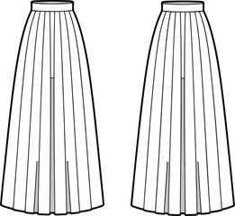 Elegant women's long pleated skirt technical flat sketch with waistband and panel details, classic fashion CAD drawing flat vector illustration