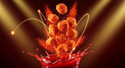 Fiery Fried Chicken Popcorn Splash with Red Powder Explosion