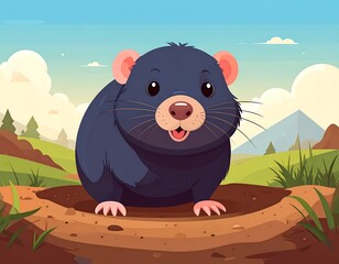 Cartoon Tasmanian devil emerging from a burrow, smiles cheerfully