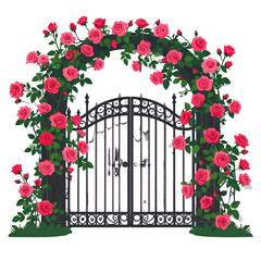 Ornamental Iron Gate with Red Roses and Green Vines on White Background Pixel Art