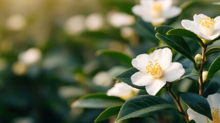Fototapeta premium Heritage tea practice, A close-up view of delicate white flowers among lush green leaves, capturing the beauty of nature in a serene setting.