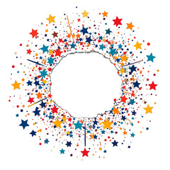 Vibrant Festive Circle Frame with Red Blue and Yellow Stars and Confetti on White Background