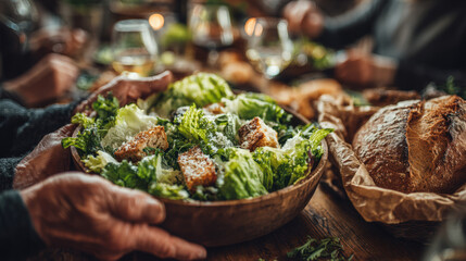 Fresh green salad bowl with croutons and cheese passed at rustic family table, cozy atmosphere, sharing joyful meal