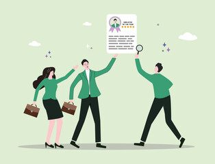 business professionals reviewing a document — an "Employee of the Year" award certificate — symbolizing a company’s recognition of an exceptional employee.