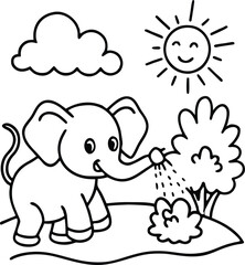 Obraz premium Cartoon elephant is spraying water on bushes under sunshine and clouds, transparent background
