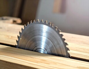 Close-up of a circular saw blade slicing through a wooden plank