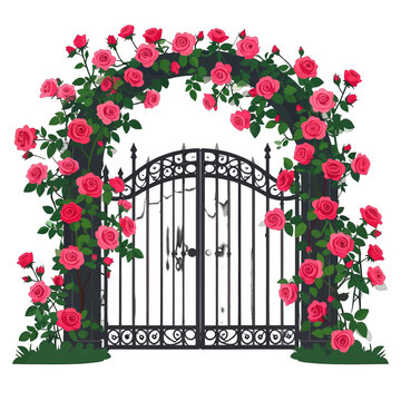Ornamental Iron Gate with Red Roses and Green Vines on White Background Pixel Art