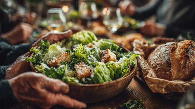 Fresh green salad bowl with croutons and cheese passed at rustic family table, cozy atmosphere, sharing joyful meal