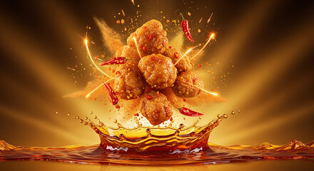 Spicy Chili Chicken Bites Splash in Golden Sauce Explosion