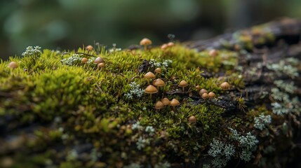 Tiny mushrooms sprout from lush moss and lichen covering a fallen log, creating a vibrant miniature forest floor ecosystem.