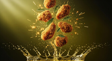 Herb Garlic Chicken Bites Splash in Oil with Green Seasoning Explosion