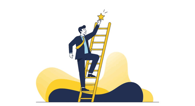 Ambitious Achiever Reaching for Success: A Businessman Climbing a Ladder to a Star