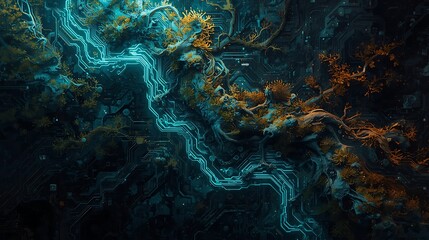 Stunning fusion of organic nature and futuristic technology with vibrant cyan circuits illuminating dark, intricate digital landscapes