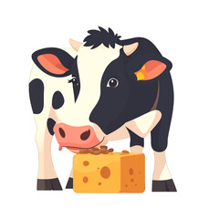Pixelated Cow Eating Food Block Isolated on White Background Cartoon Style Animal with Black and White Spots Square Shaped Food and Beige Horns