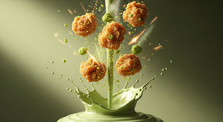 Crispy Wasabi Chicken Bites Splashing in Green Sauce Explosion