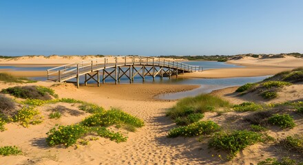 Sandy dunes and a wooden bridge span a small body of water under a clear blue sky