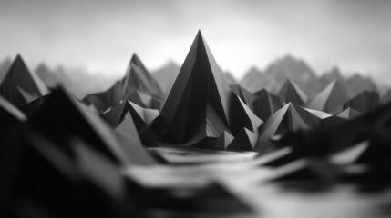 Abstract monochrome mountain landscape with sharp peaks and smooth textures creating an artistic and dramatic visual representation of nature's elements.