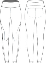 High waist women leggings technical fashion flat sketch, front and back view, athletic yoga pants design, vector CAD drawing illustration