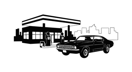 Fototapeta premium Car gas station in retro style. Classic car with gas station, black vector silhouette. JPEG version.
