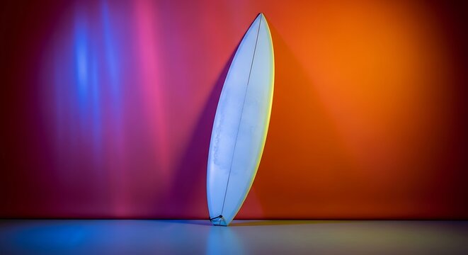 White surfboard leaning alone against neon orange wall,