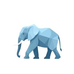 Fototapeta premium Polygonal Elephant Illustration in Pale Blue Tones Walking on White Background