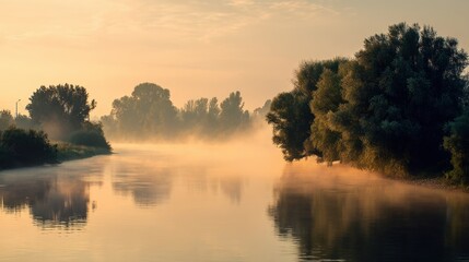 Fototapeta premium Misty Morning Over Calm River Surrounded by Lush Trees and Soft Fog in Early Dawn Light Creating Tranquil and Serene Atmosphere for Nature Lovers