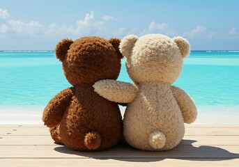 Teddy Bears Hugging on Tropical Deck. Generative Ai