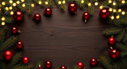 A festive Christmas frame made of fir branches and red baubles, illuminated by warm fairy lights on a dark wooden background.