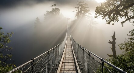 Obraz premium Misty suspension bridge through trees
