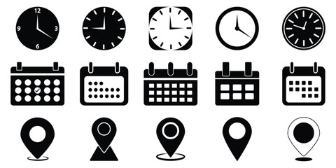 Time, date and address icon set. Travel concept or booking. Calendar, clock, location. Editable vector. Time and Location Symbols for Various Purposes. Event vector icons illustrations. eps 10