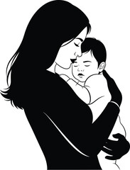 Illustration of a mother holding her sleeping baby in black and white minimalist vector design art